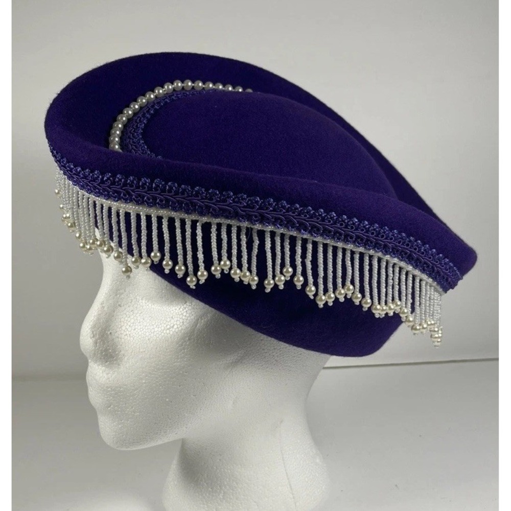 VTG F&M Hat Co Purple Wool Felt Beaded Fringe Church Hat Made In USA Small